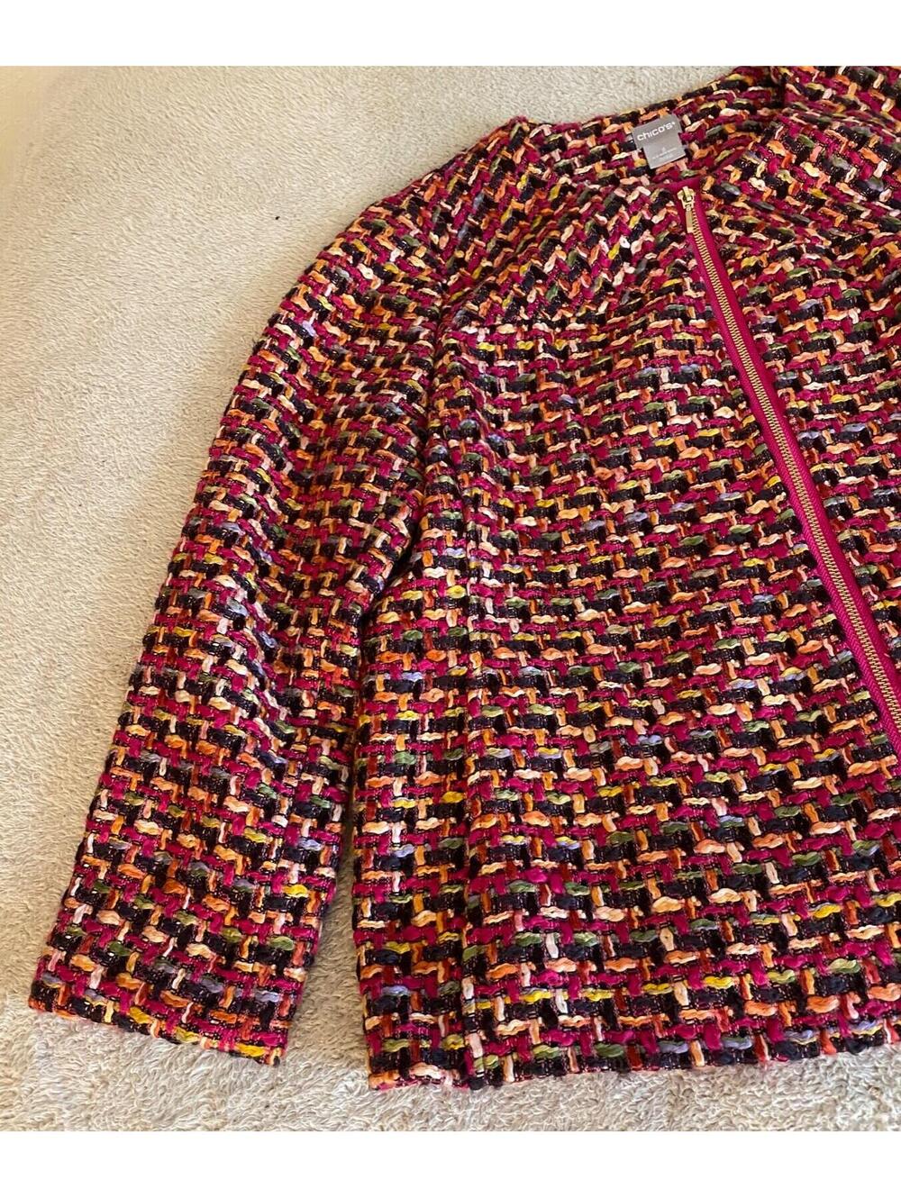 Chico's Chunky Woven Fabric Colorful Tweed Jacket Lined Zip Women's 12/14 L Boho - Picture 2 of 15
